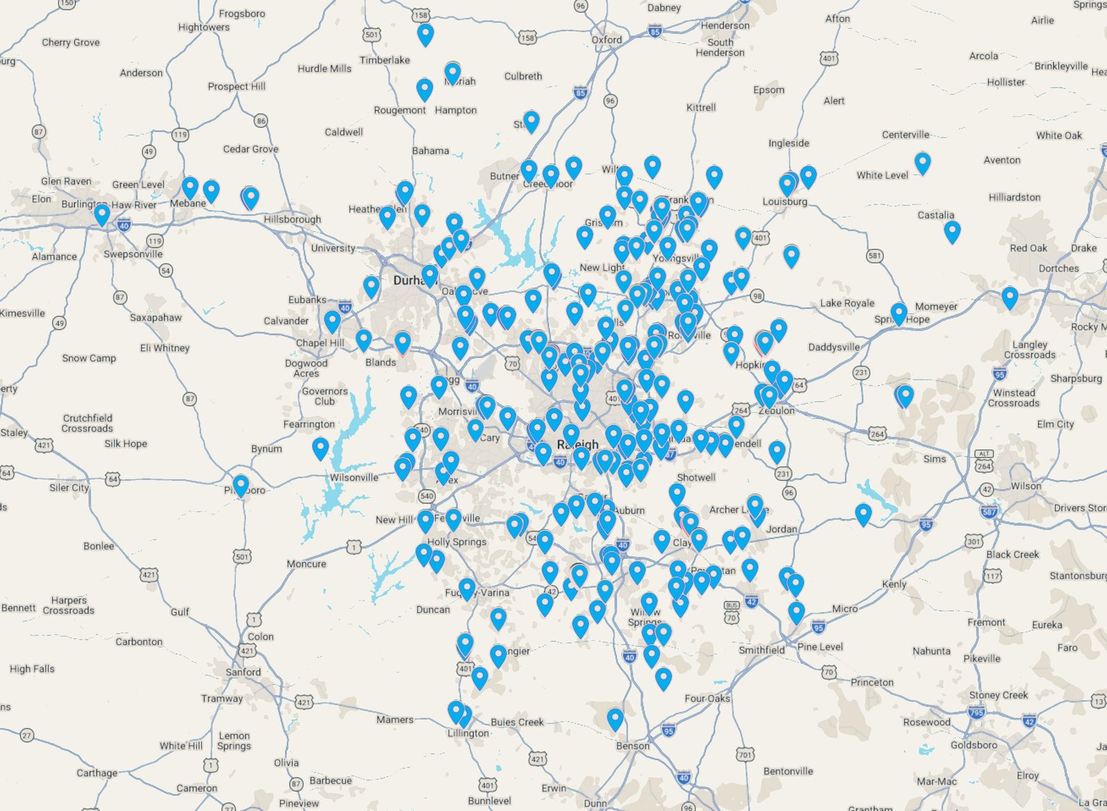 Map of the Triangle region showing 290+ closed real estate transactions handled by Daniel Virag across Wake, Johnston, Franklin, Durham, and Granville Counties